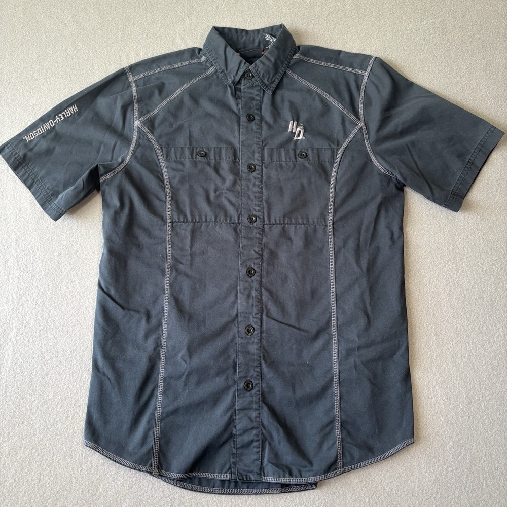 Harley Davidson Shirt Mens S Black Button Down Mechanic Motors Logo Cotton Biker